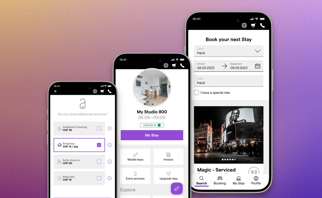 Booking, digital key and stay hub in the LIKE MAGIC guest app
