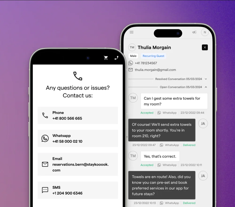 A guest request answered in WhatsApp, next to the in-app contact channels