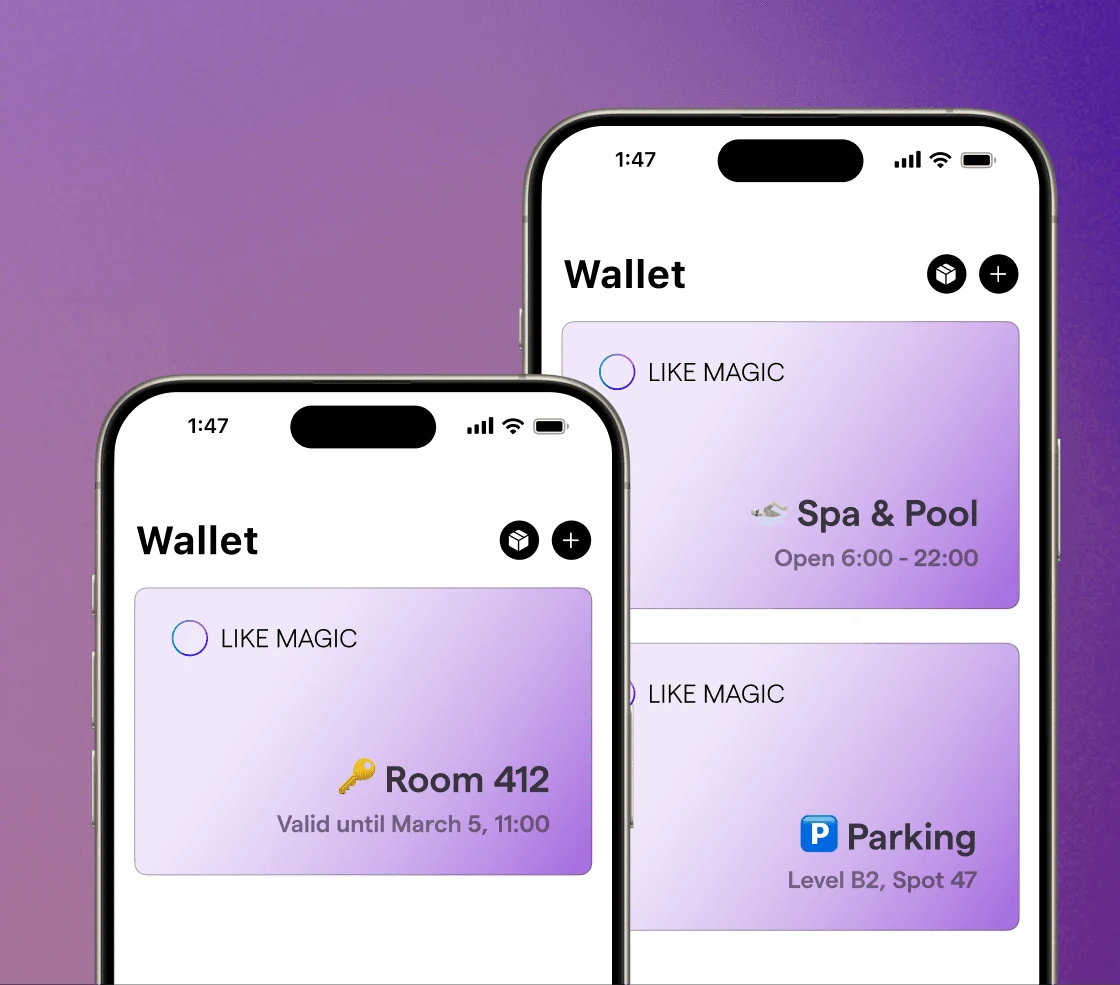 Clé de chambre, accès au spa et stationnement sous forme de passes dans Apple Wallet sur deux téléphones